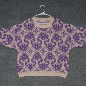 Vintage J Jordan Sweater Womens L Purple Beige 80s Fair Isle Knit Cozy